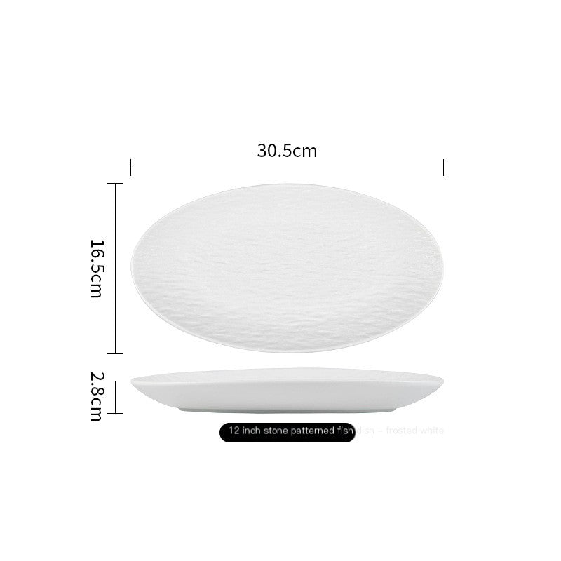 Matte white textured oval plate with supplier dimensions 30.5 x 16.5 x 2.8 cm