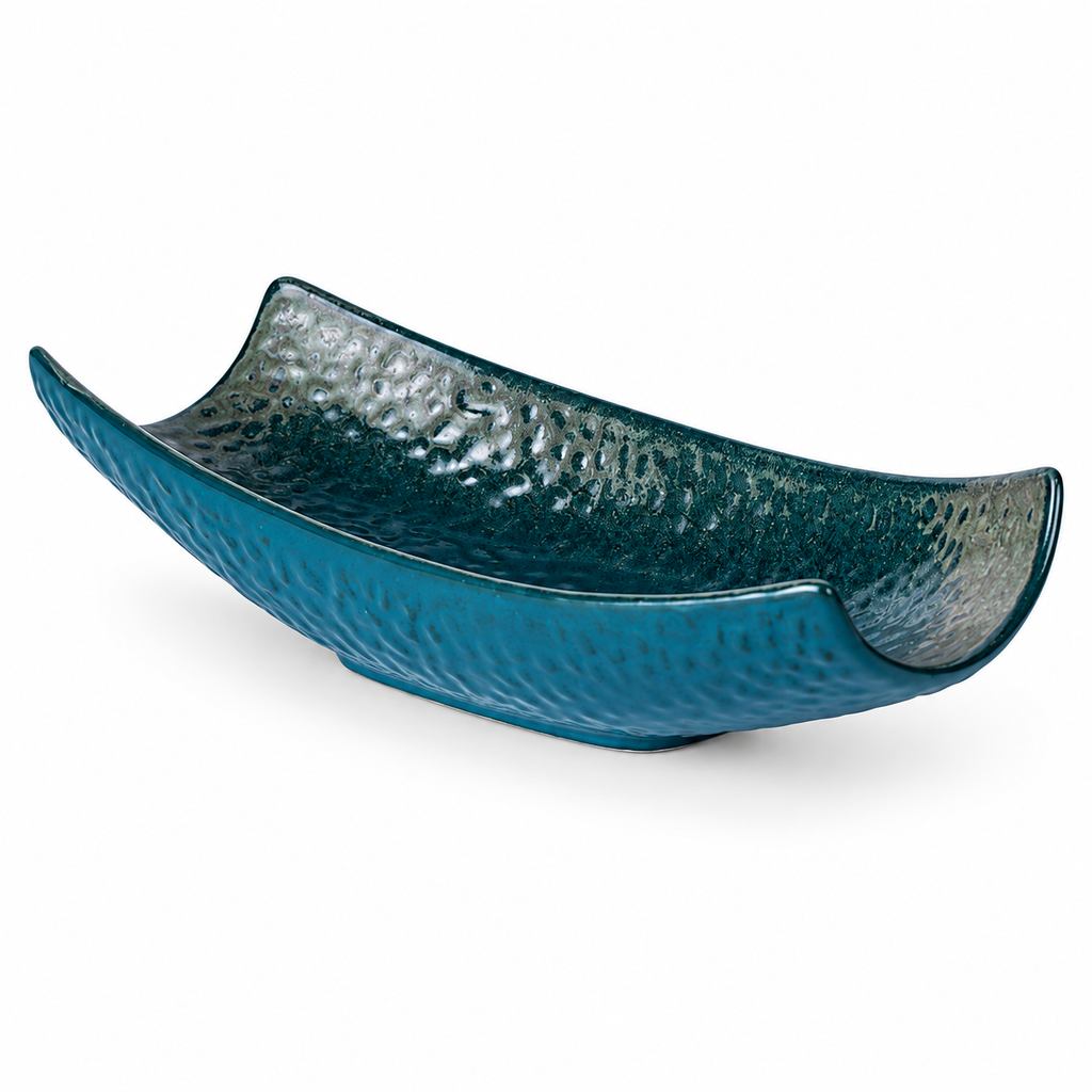 Peacock-green curved porcelain sushi serving vessel on a white background