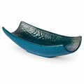 Peacock-green curved porcelain sushi serving vessel on a white background