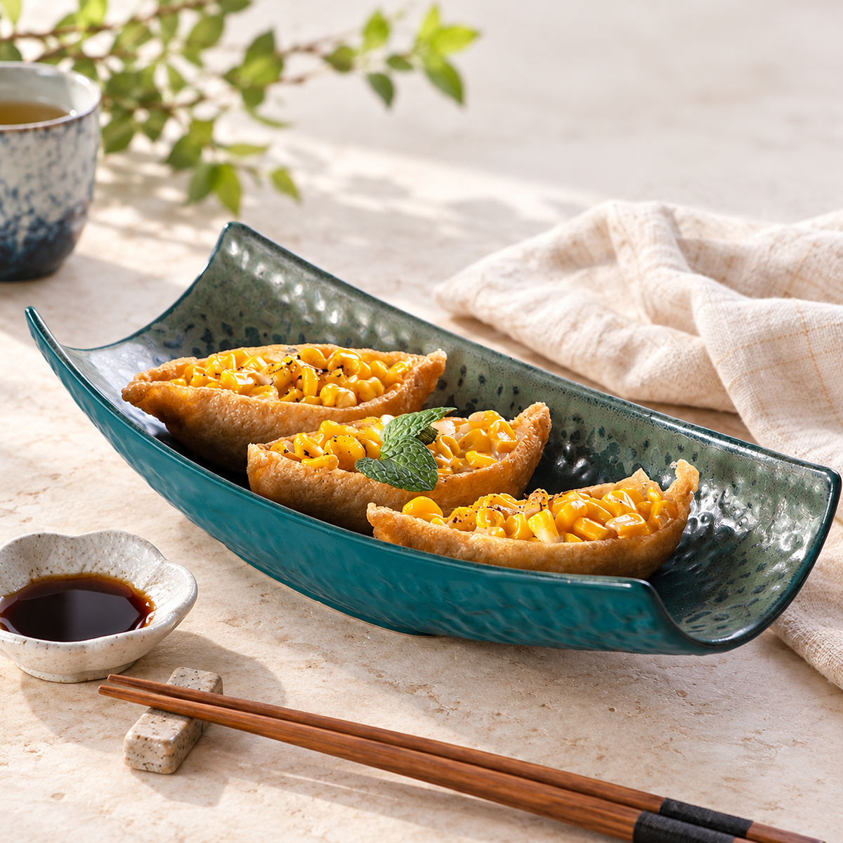 Peacock-green porcelain serving vessel with three inari sushi pockets; food and accessories not included