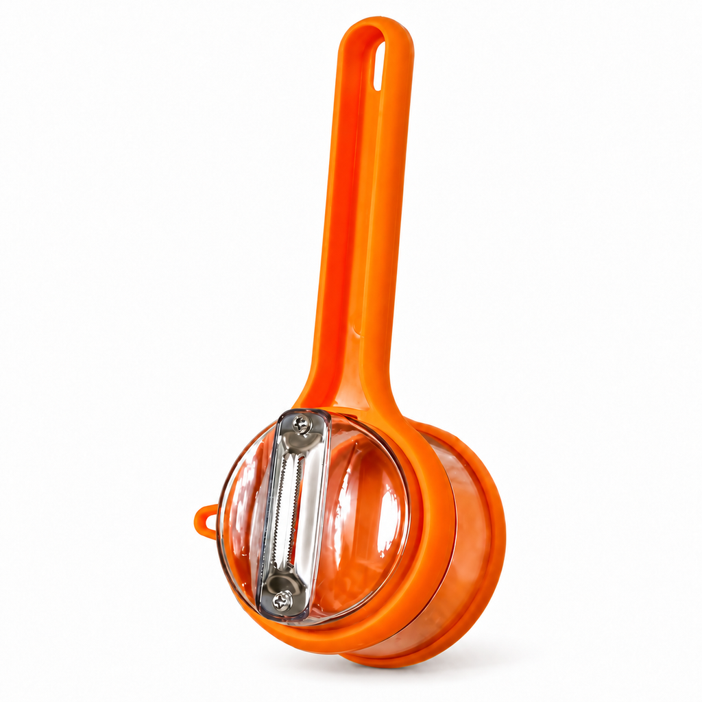 Orange peeler with clear peel collection cup on white background