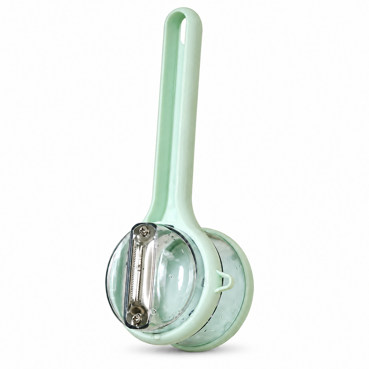 Light green peeler with clear peel collection cup on white background