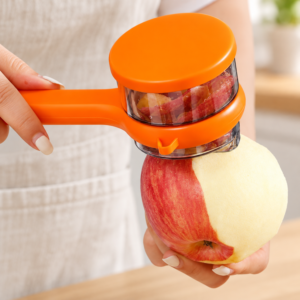 Orange peeler used on an apple with collected peels visible