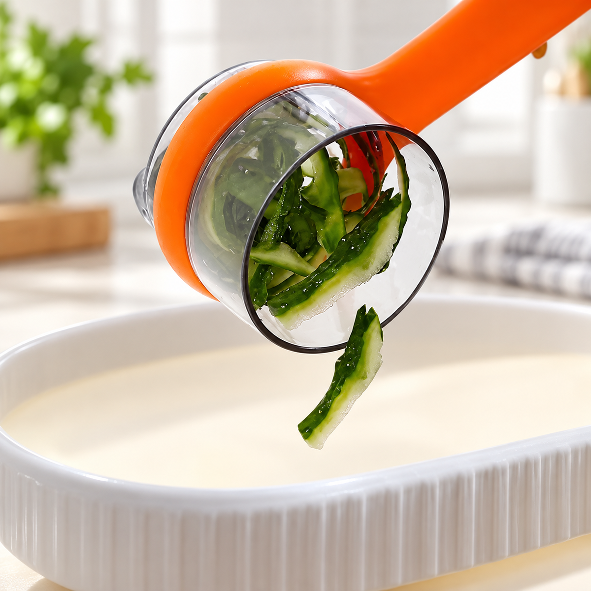 Orange peeler collection cup being emptied over a bowl