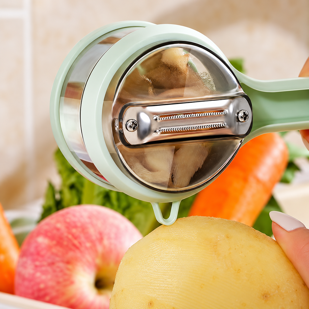 Light green peeler blade and side tab close-up