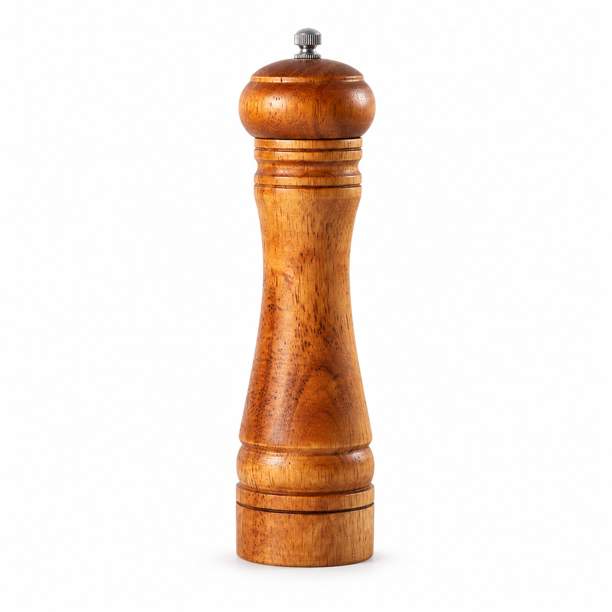 Single 8-inch wooden pepper grinder on white