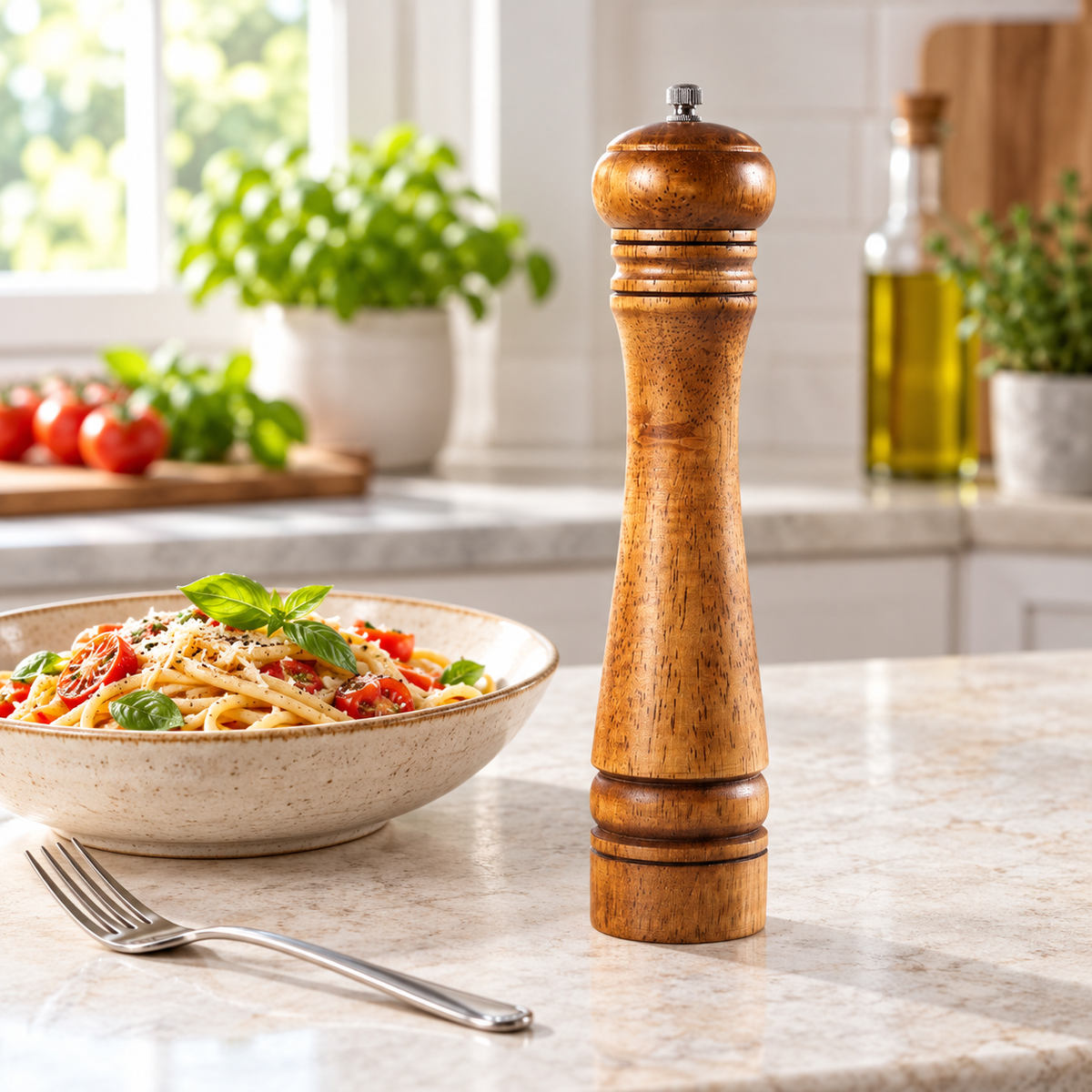 Single 10-inch pepper grinder in a bright kitchen