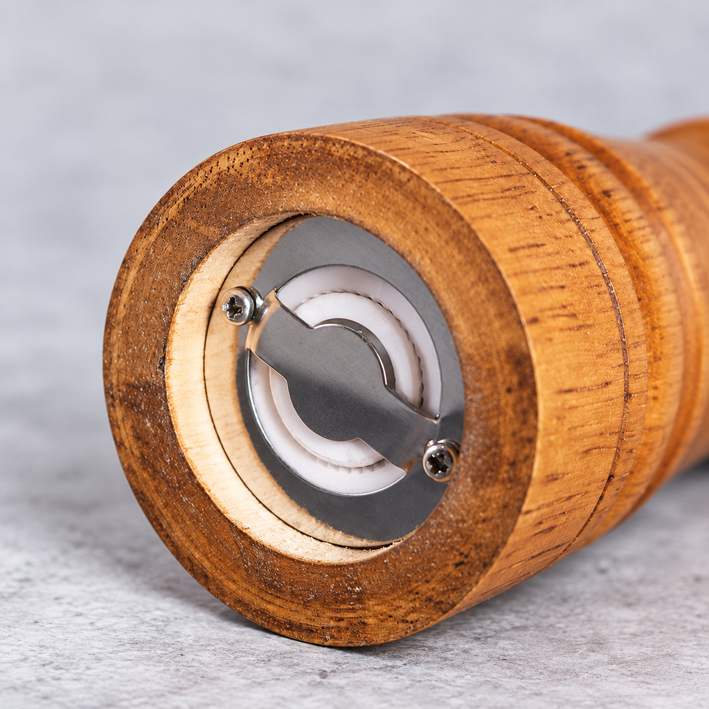 Wooden pepper grinder underside mechanism detail