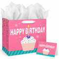 Pink cupcake Happy Birthday paper gift bag: white studio with matching card; background objects are styling props