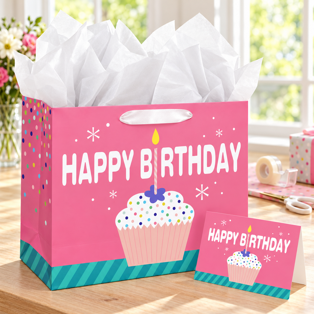 Pink cupcake Happy Birthday paper gift bag: birthday gift-wrapping desk; background objects are styling props