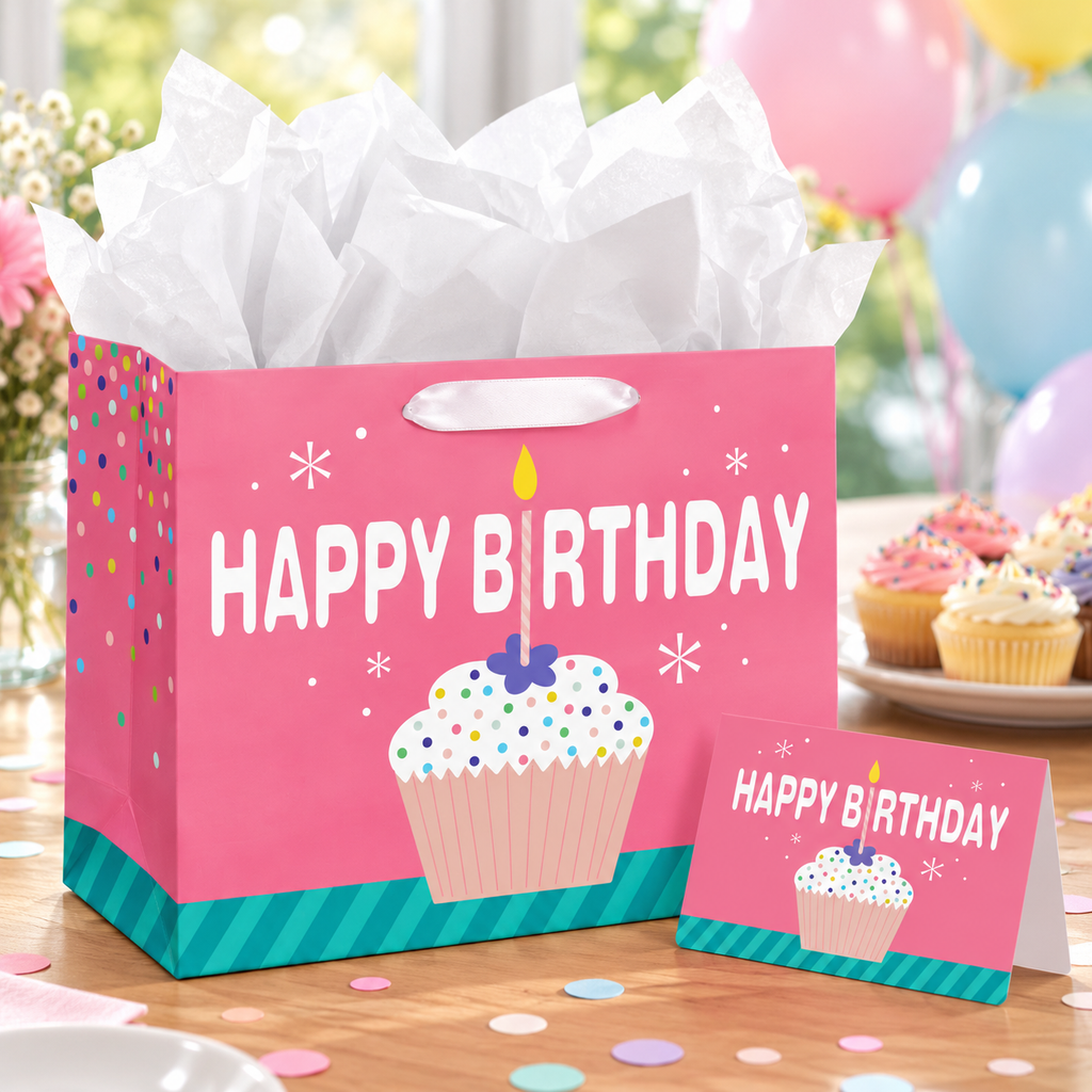 Pink cupcake Happy Birthday paper gift bag: cupcake party table; background objects are styling props