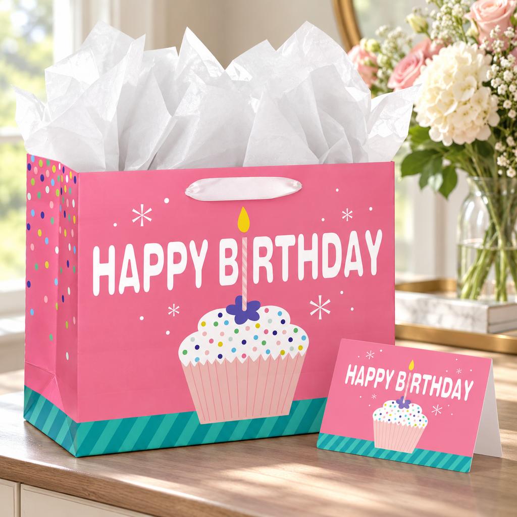 Pink cupcake Happy Birthday paper gift bag: gift ready on home console; background objects are styling props