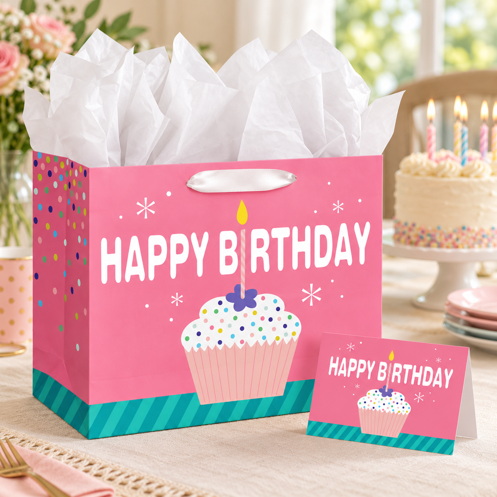 Pink cupcake Happy Birthday paper gift bag: birthday table setting; background objects are styling props