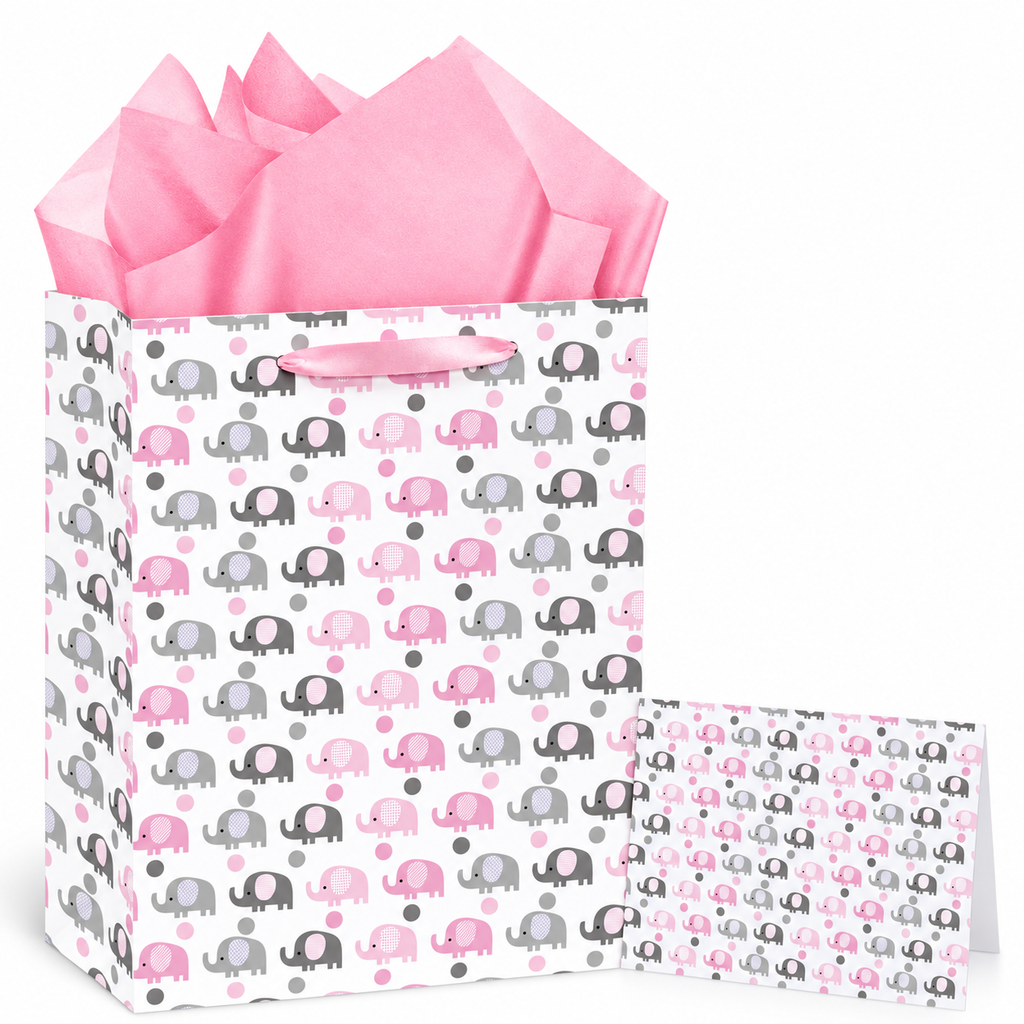 Pink and gray elephant paper gift bag with pink tissue and matching card on white background