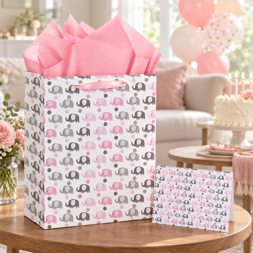 Pink elephant gift bag, pink tissue and matching card at a birthday celebration; cake and flowers are styling props