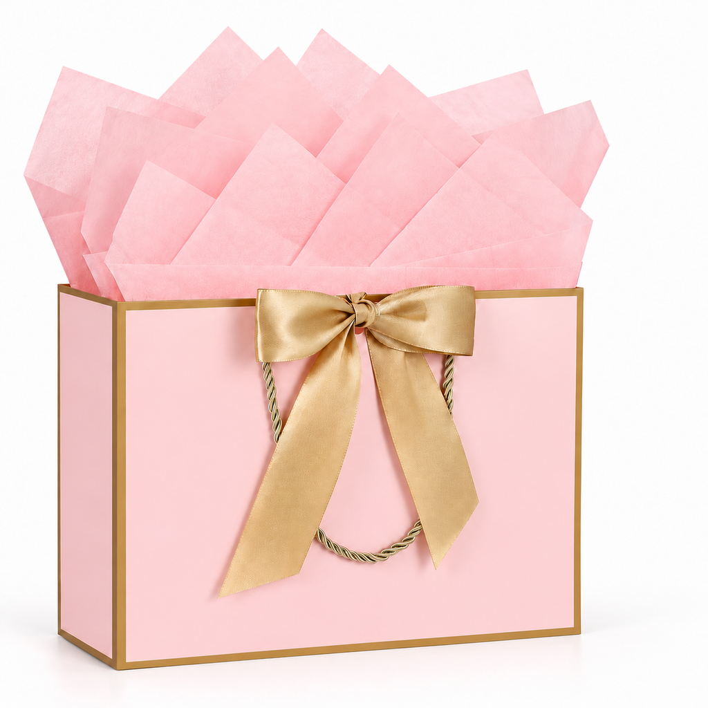 Pink gift bag with gold bow, gold cord handle and pink tissue – white studio
