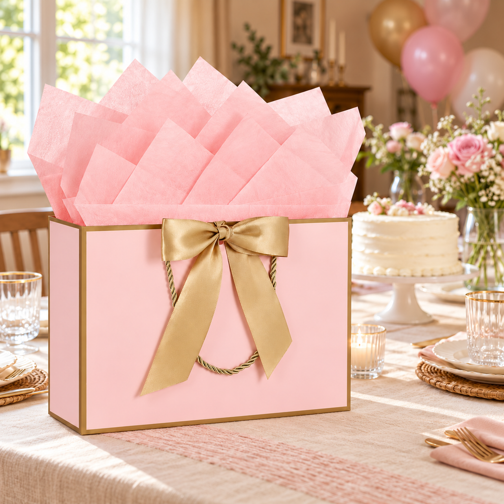 Pink gift bag with gold bow, gold cord handle and pink tissue – birthday table