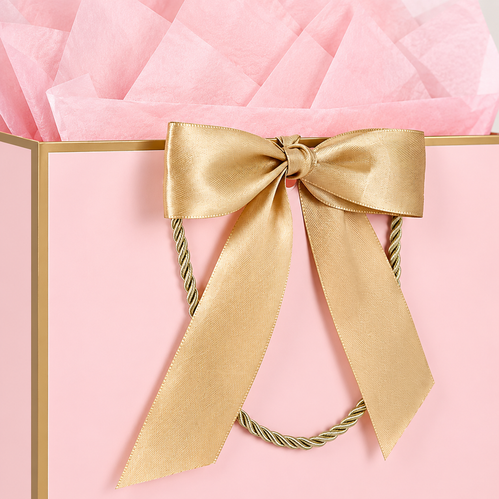 Pink gift bag with gold bow, gold cord handle and pink tissue – bow detail