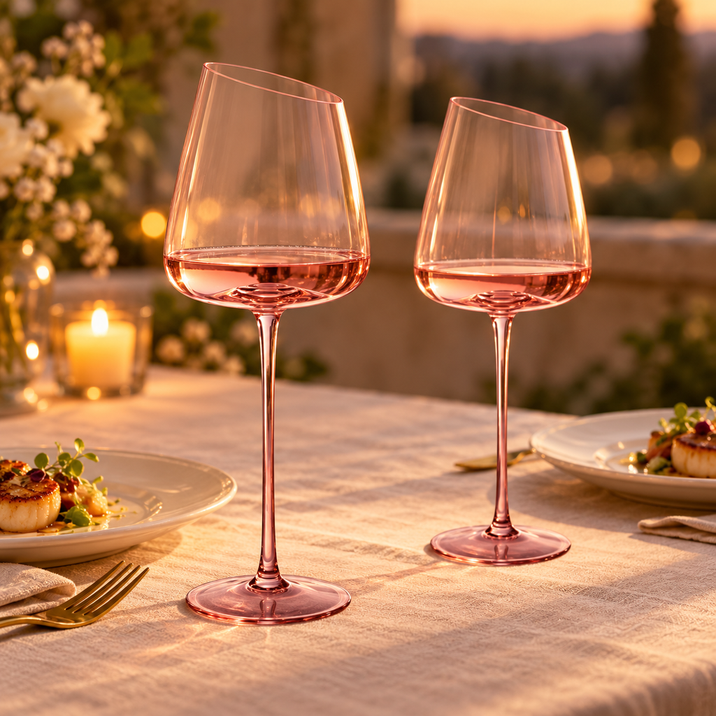 Pair of pink slanted wine glasses at dinner