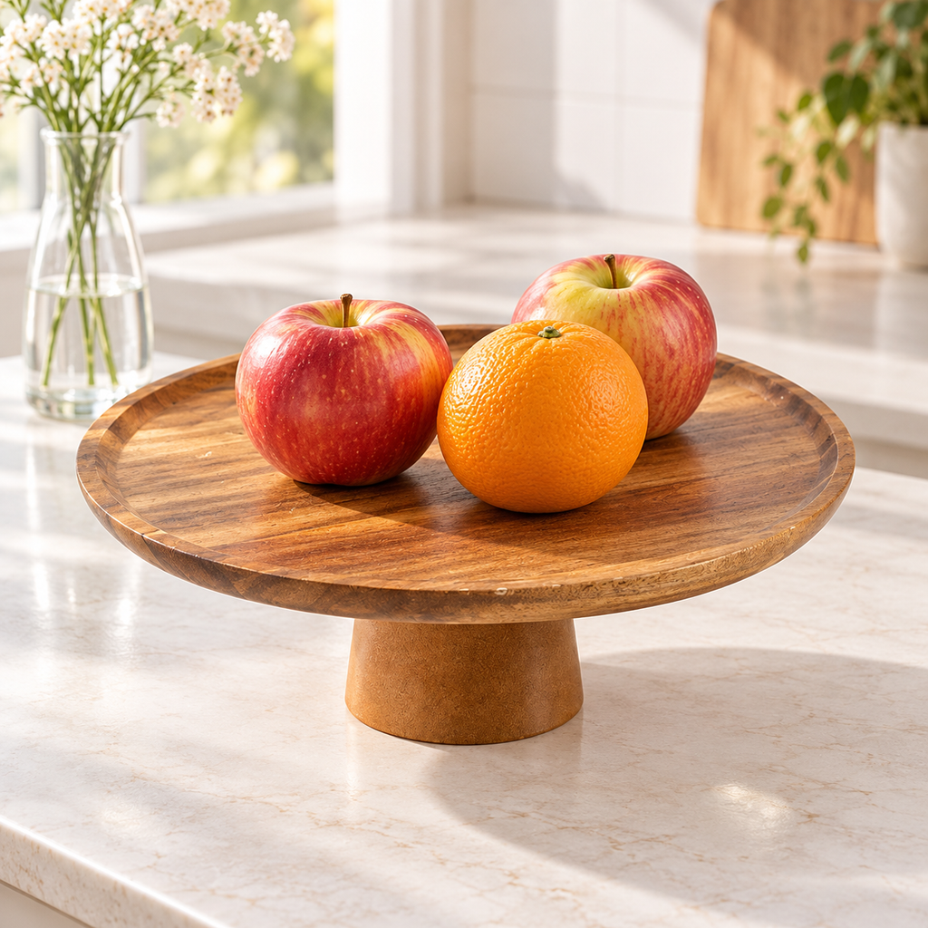 25 cm wooden footed platter with three pieces of fruit