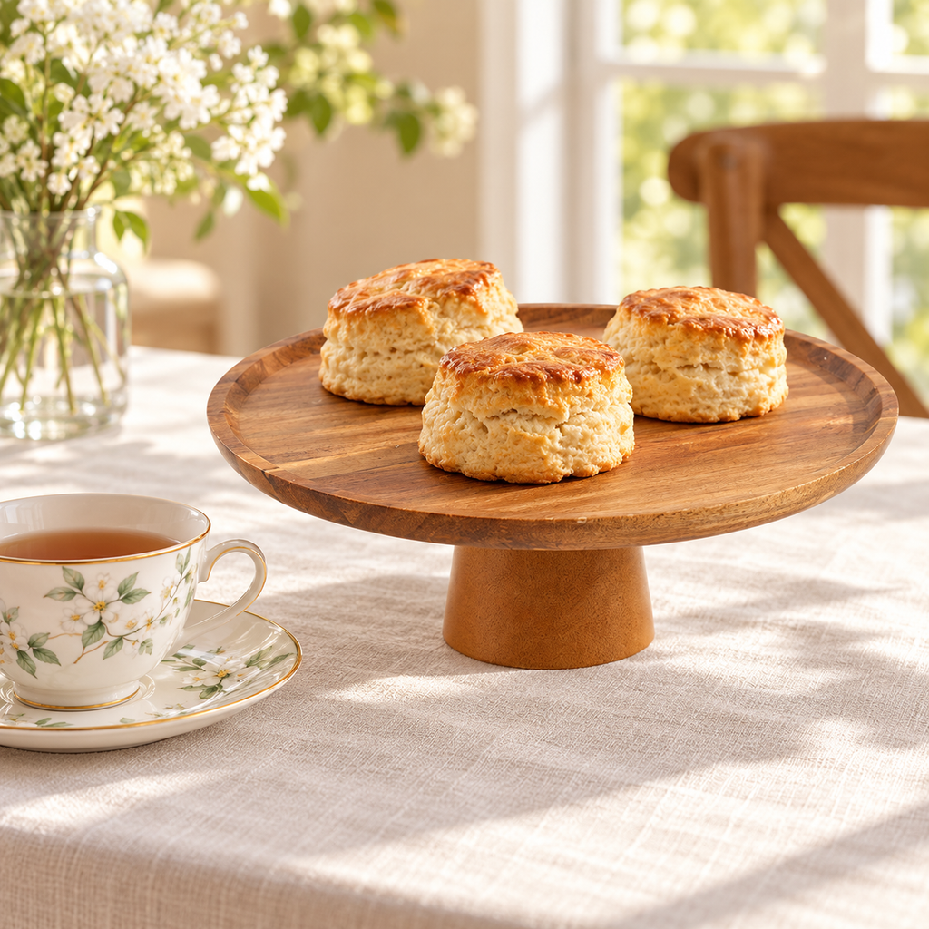 25 cm wooden footed platter in an afternoon tea setting