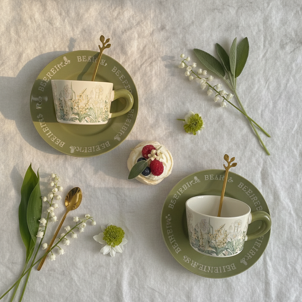 Two floral ceramic coffee cup and saucer sets arranged together