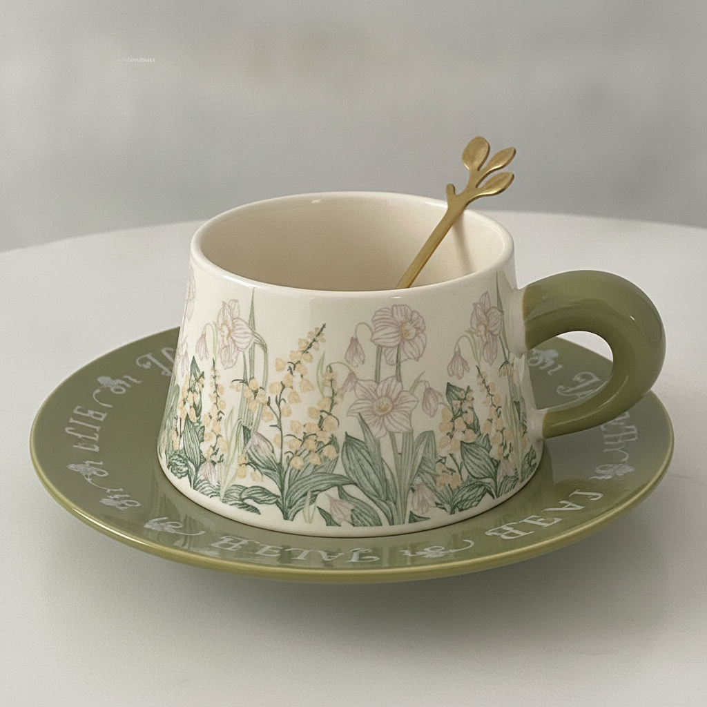 Macro detail of floral botanical pattern on coffee cup