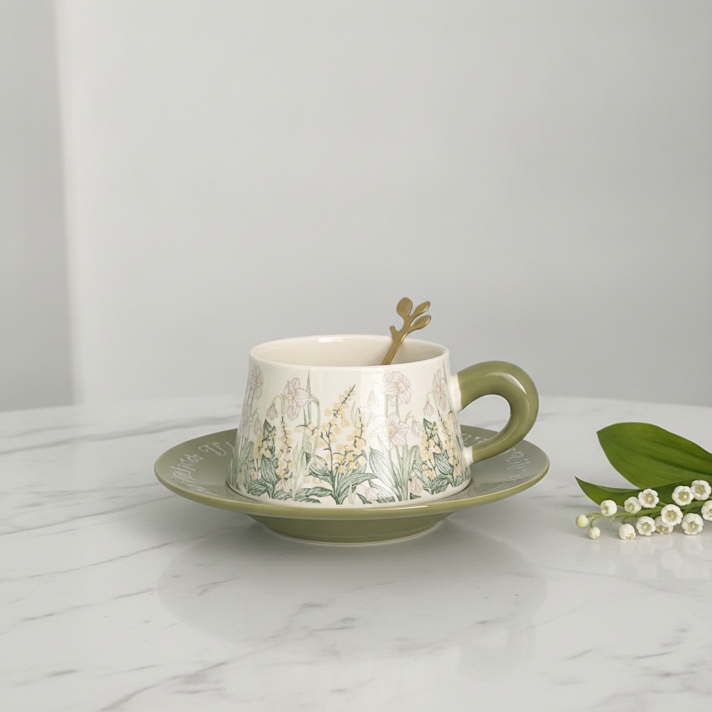 Minimal beauty shot of floral coffee cup and saucer on white marble