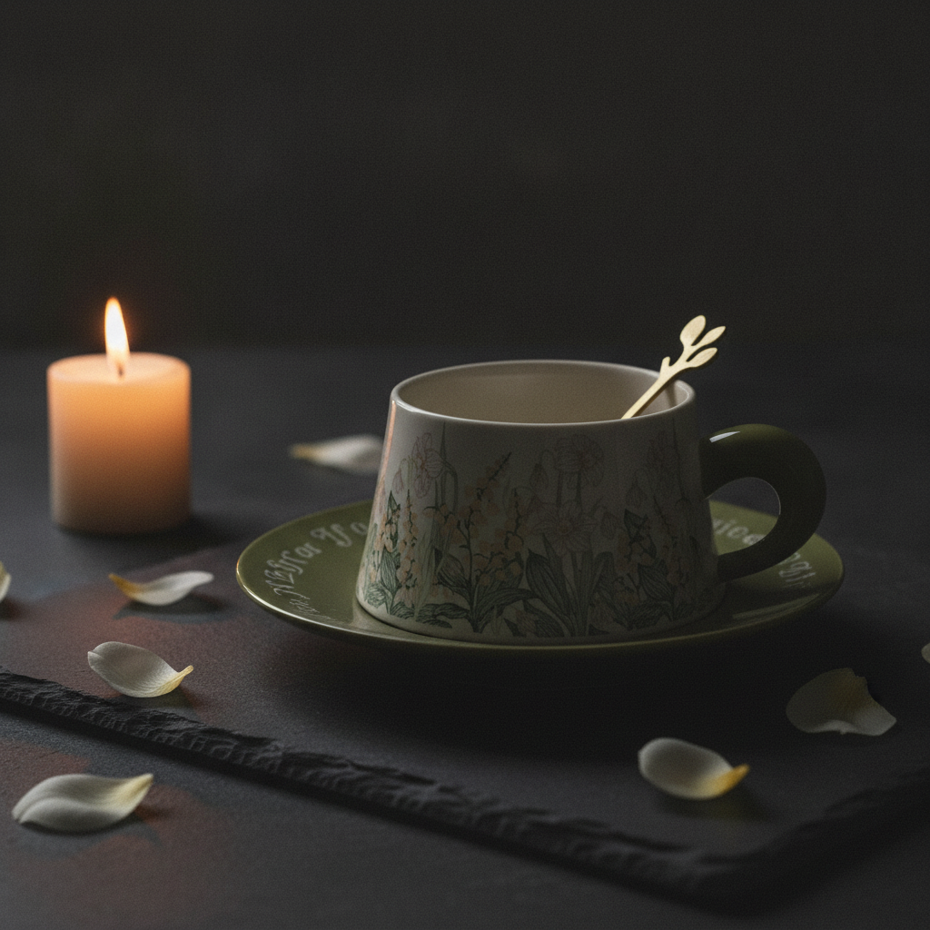 Moody dark shot of floral coffee cup with candle