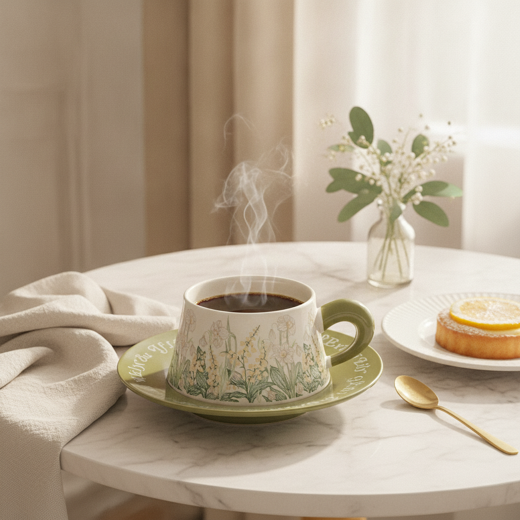In-use scene of floral coffee cup holding coffee