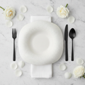 Matte off-white square sesame-dot plate flat-lay place setting