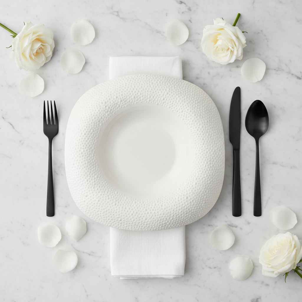 Matte off-white square sesame-dot plate flat-lay place setting