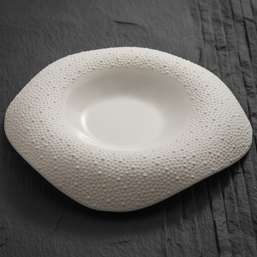 Macro detail of sesame-dot textured square plate rim