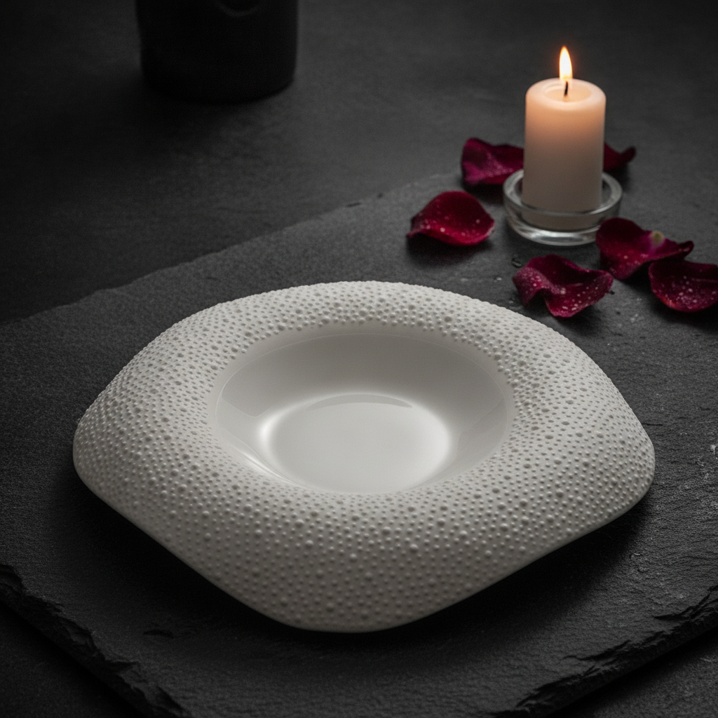 Moody dark shot of square sesame-dot plate
