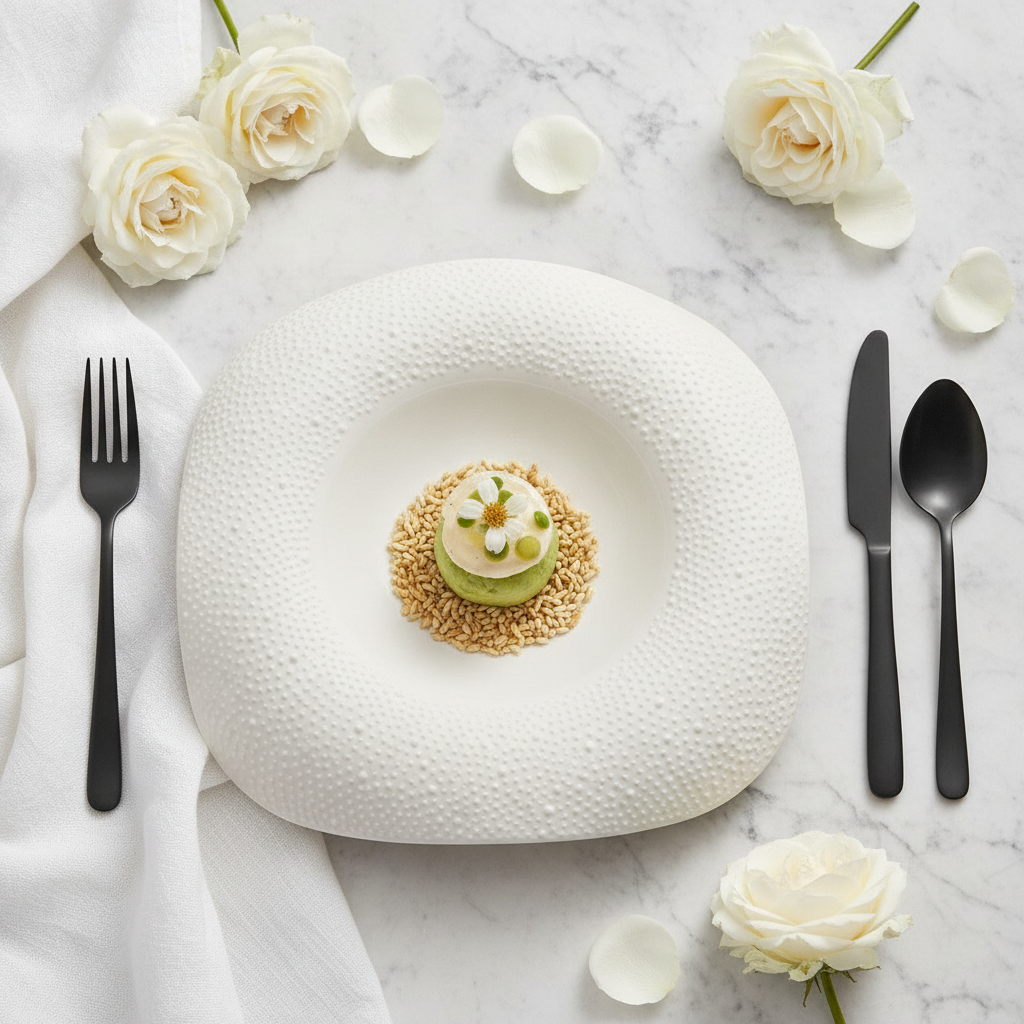 In-use editorial scene of square sesame-dot plate