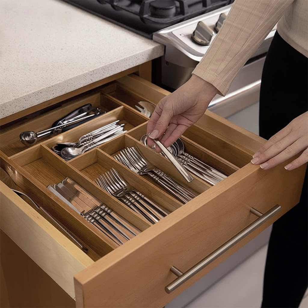 Close-up detail of the expandable sliding sides of a bamboo cutlery organizer
