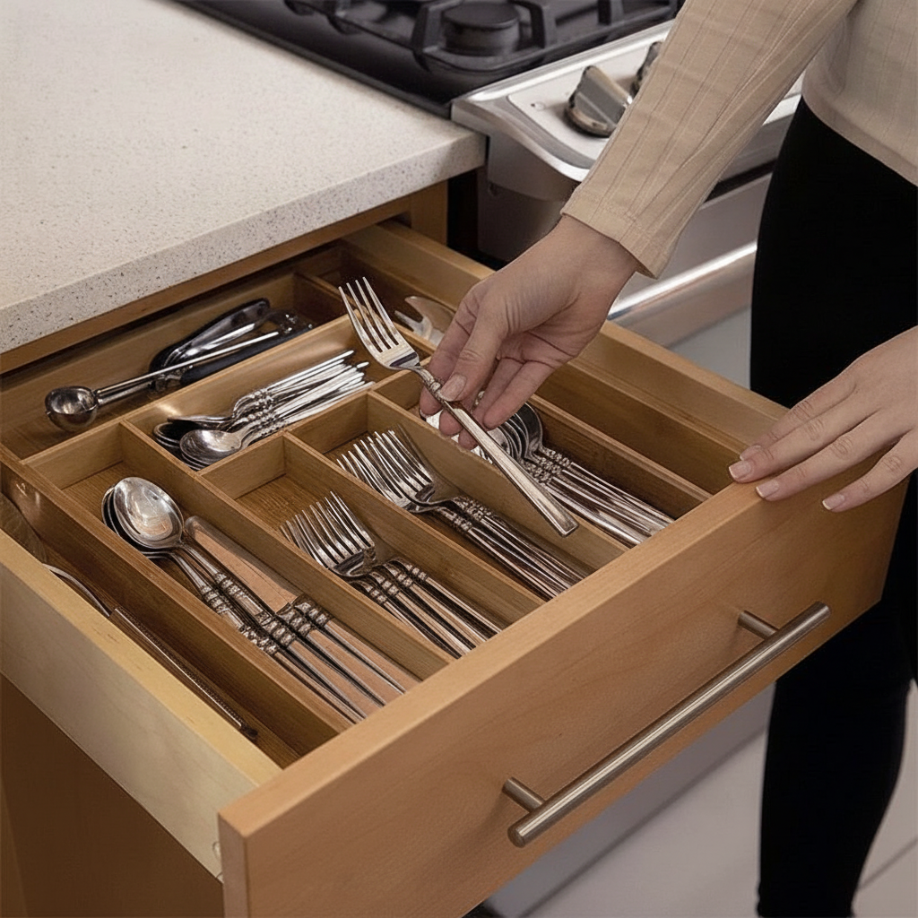 Bright lifestyle shot of a bamboo cutlery organizer in a kitchen drawer