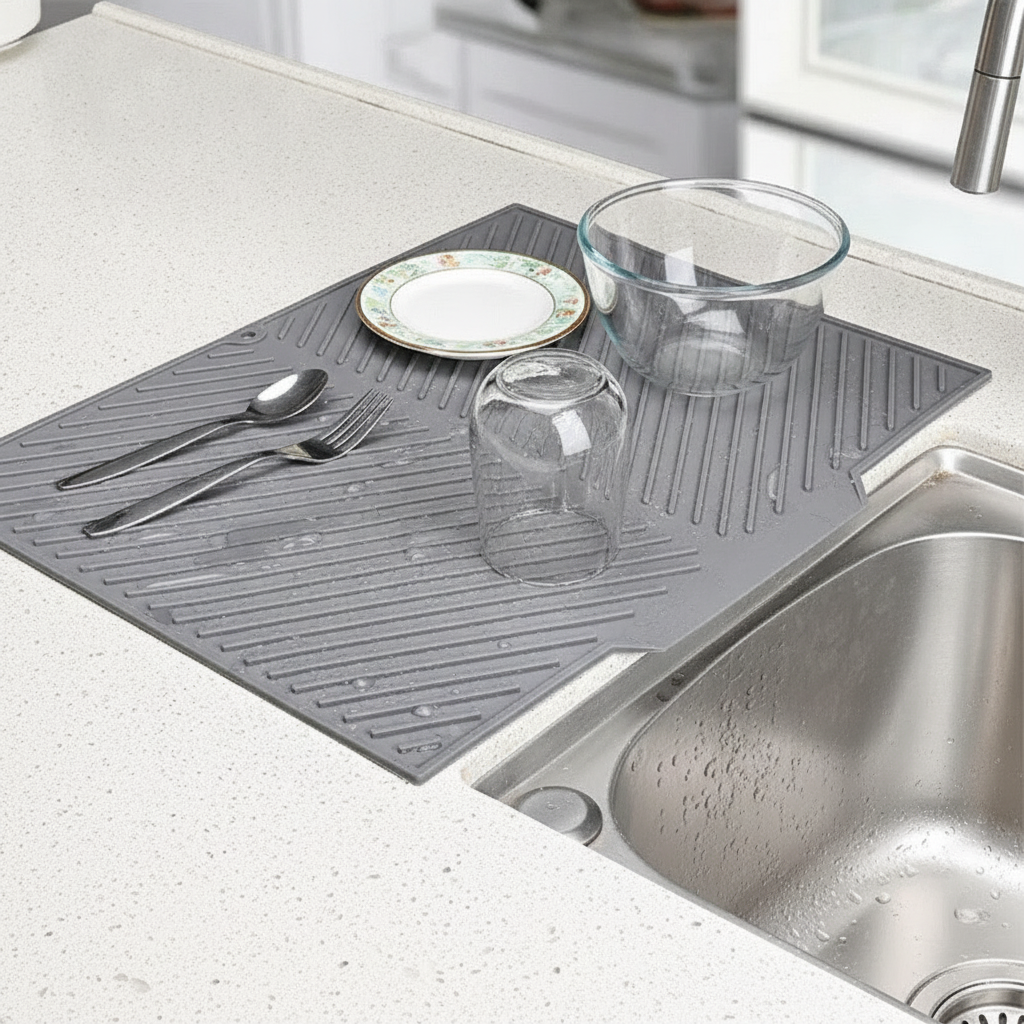 Gray silicone dish drying mat with clean glasses, plate and cutlery drying beside a kitchen sink