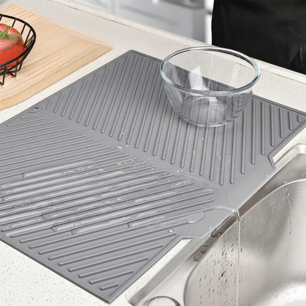 Close-up of the sloped drainage channels on the gray silicone drying mat