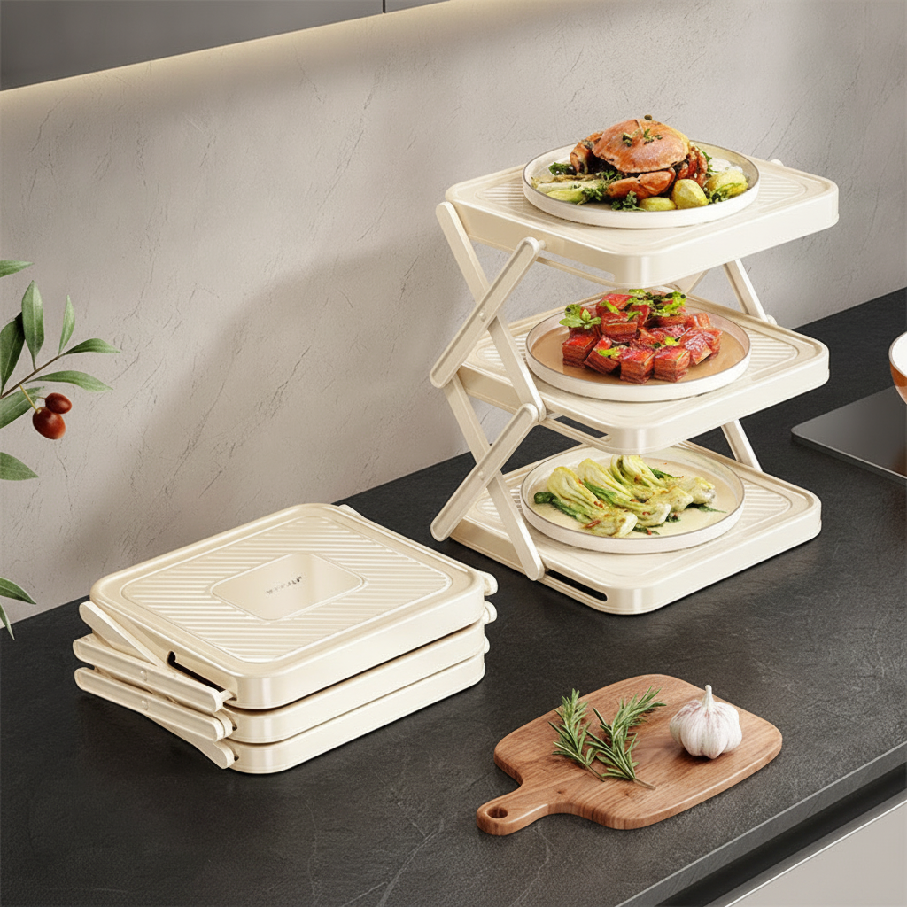 Cream-white foldable 3-tier dish and plate serving rack holding three plates of prepared food on a kitchen counter