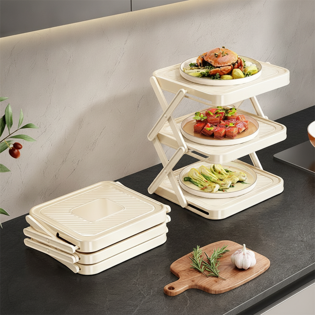 Foldable dish rack shown folded flat for storage next to its set-up form