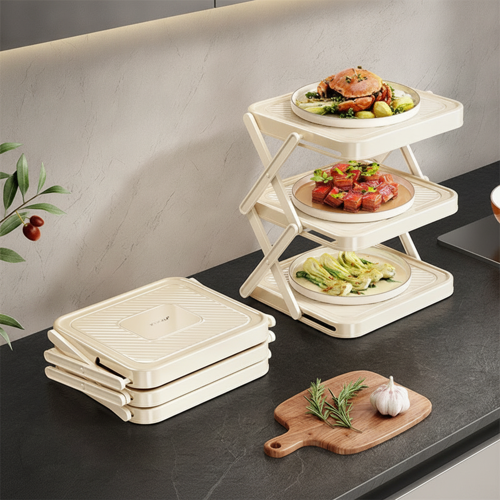 Clean product shot of the set-up cream-white 3-tier foldable serving rack