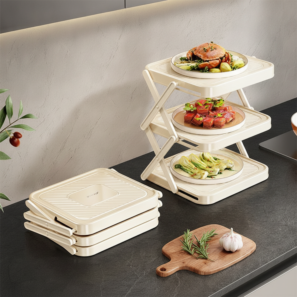Lifestyle shot of the foldable rack saving counter space with plated food