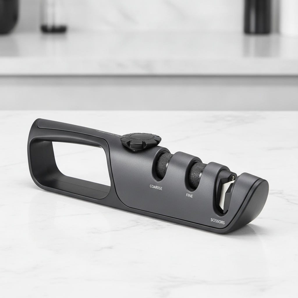 Matte-black multi-stage knife sharpener with comfort-grip handle - clean studio shot on kitchen counter