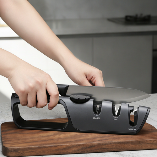 Sharpening a chef knife by pulling the blade through a slot of the matte-black knife sharpener