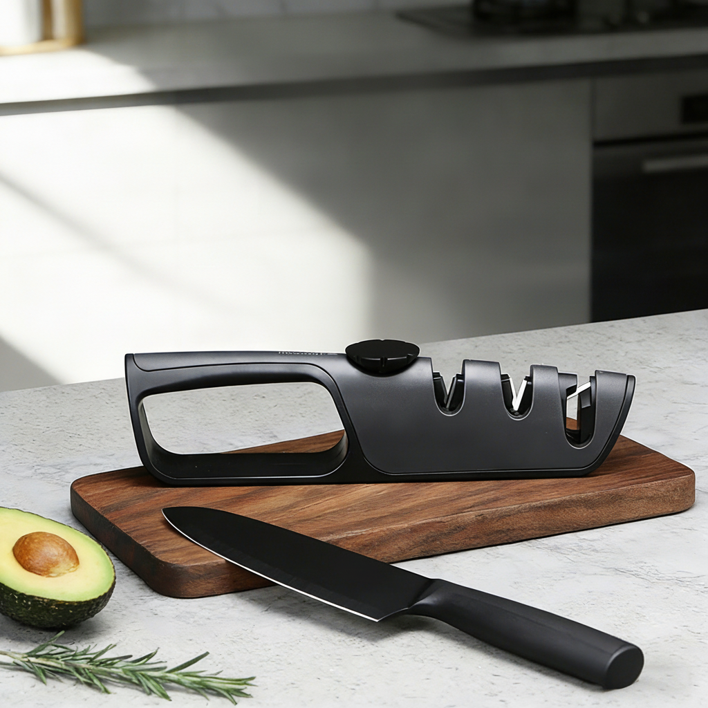 Knife sharpener styled on a wood board with a chef knife and fresh herbs