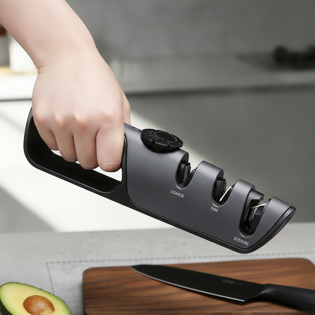 Knife sharpener held in one hand showing the ergonomic comfort grip