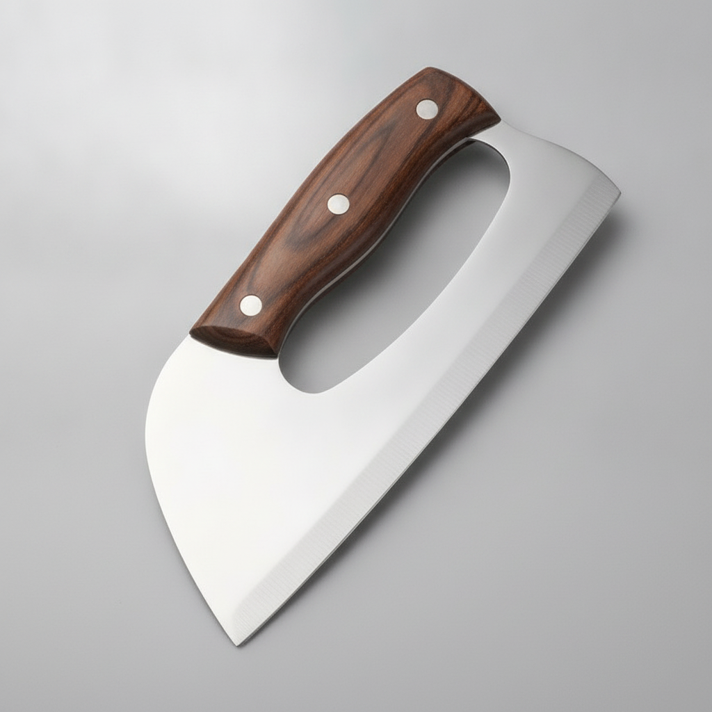 Stainless steel slicing knife with wide curved blade and wood handle, clean product shot
