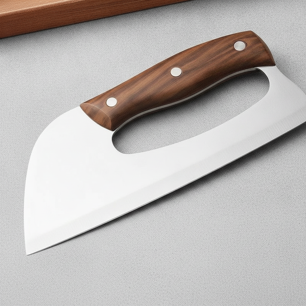 Close-up detail of the slicing knife blade and wood handle