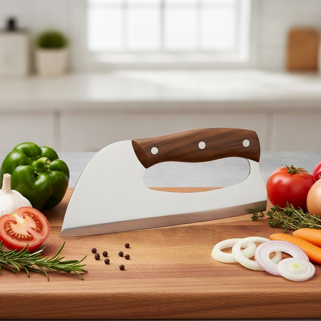 Slicing knife styled on a butcher block with fresh produce
